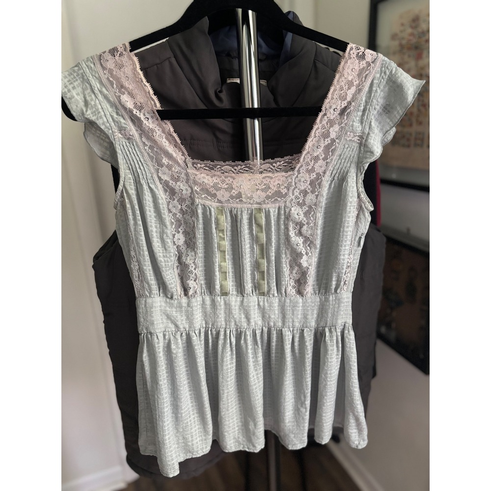 Odille 100% Silk Lace Trim Babydoll Blouse Blue Grey Plaid Pintuck Top Size 2